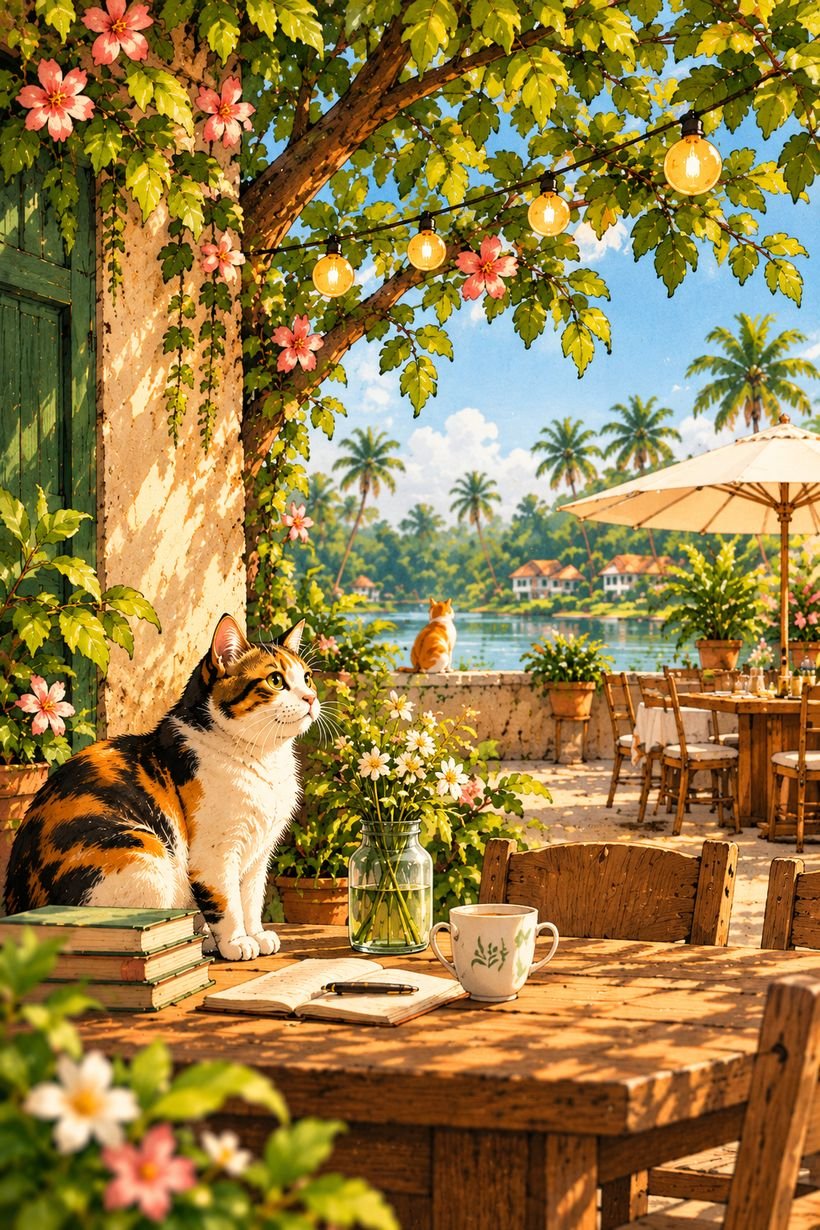 A calico cat sitting at a sunny café table beside the backwaters