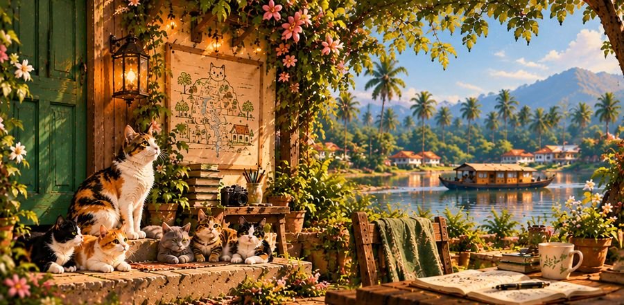 Cats on a cottage verandah overlooking the backwaters