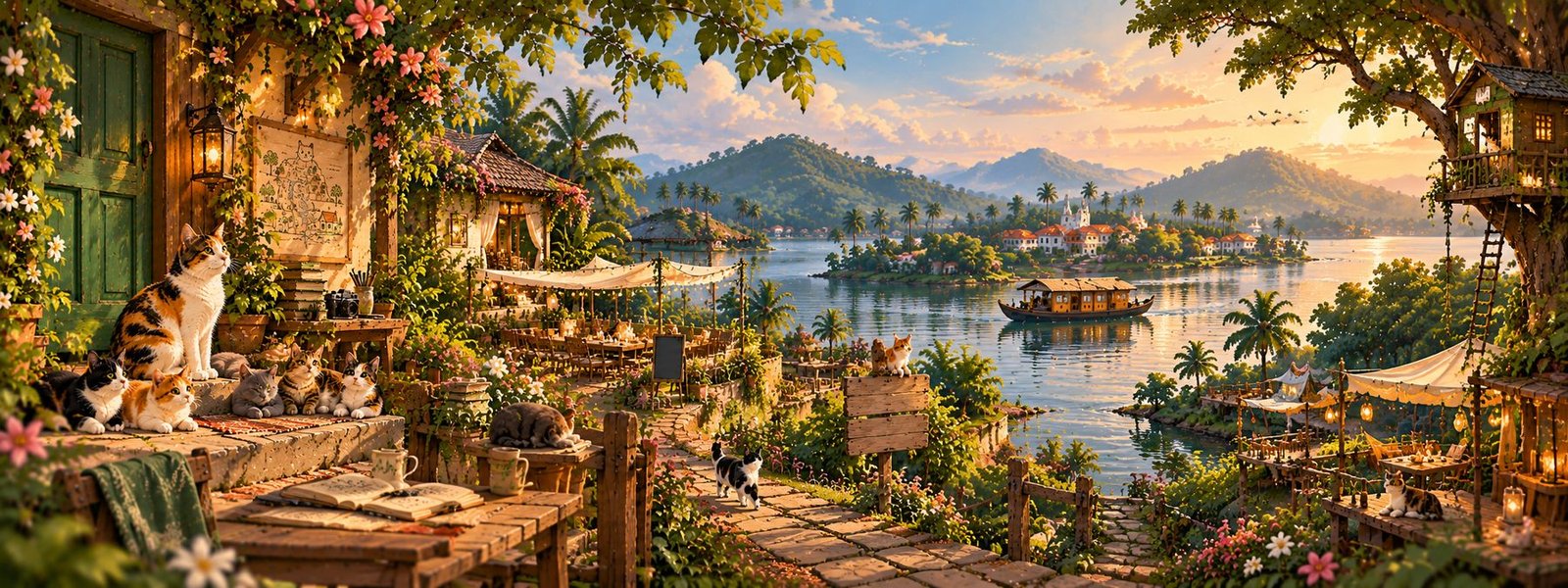 FussyLand cats gathered by a golden lagoon at sunset