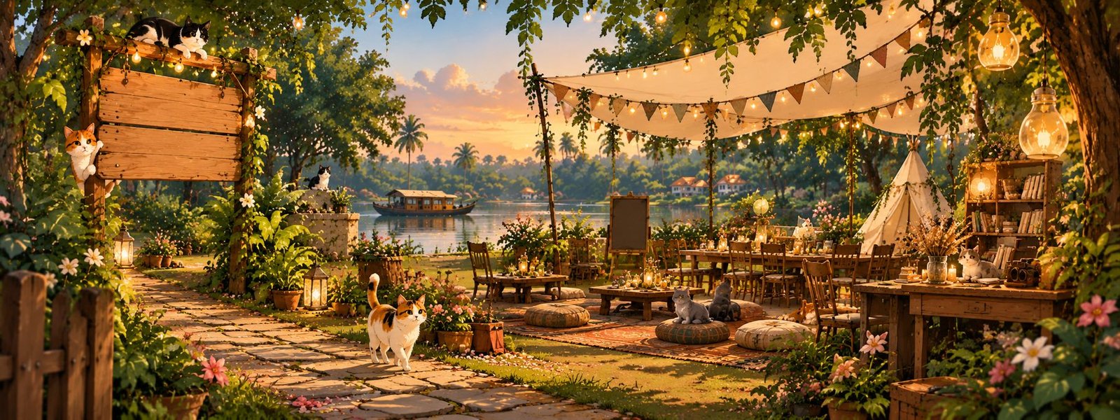 A lakeside garden prepared for a gathering, with a blank wooden sign, lanterns and a houseboat at sunset